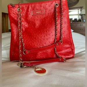 Brand new pristine red ostrich leather Dkny handbag